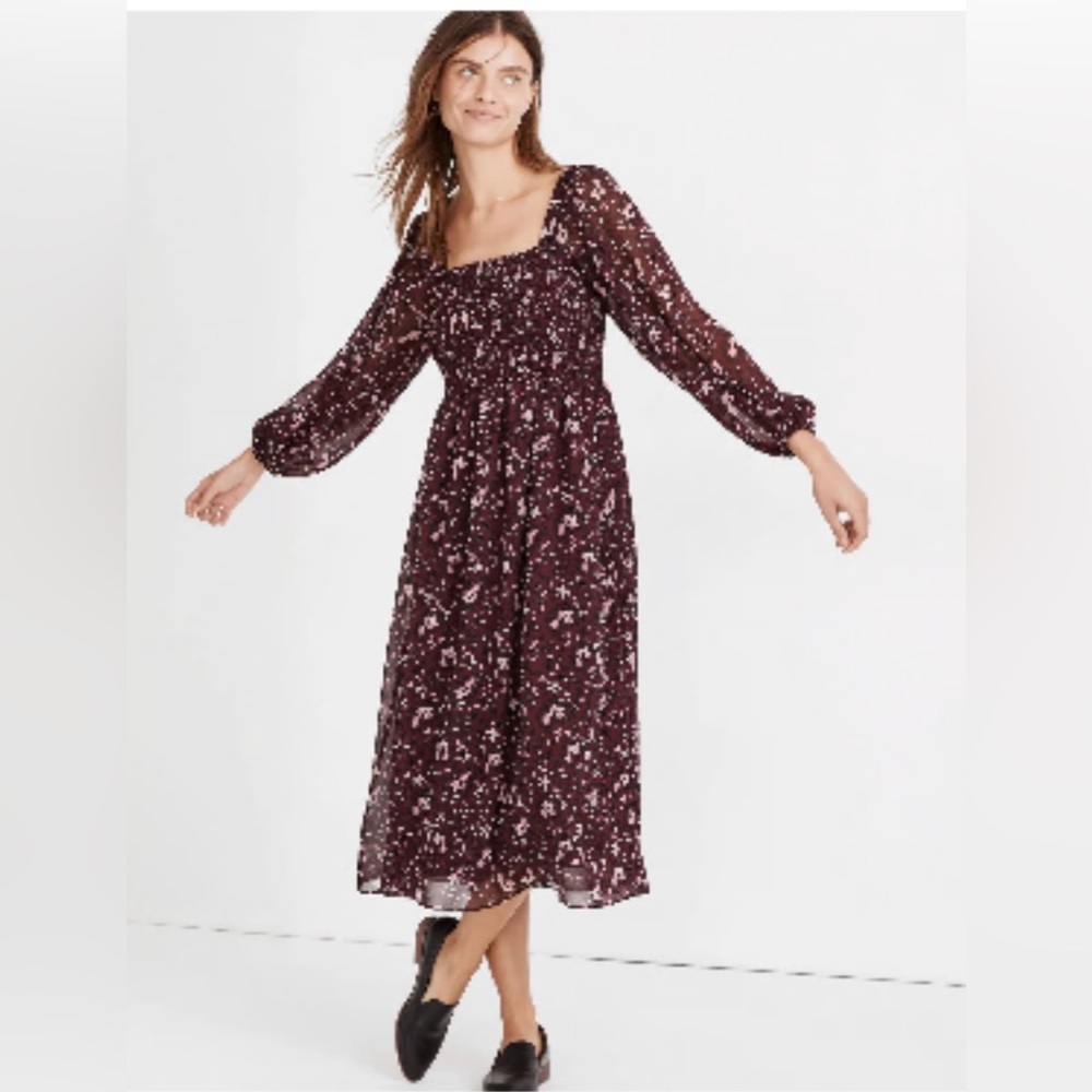Madewell Plum Floral Smocked Midi Dress